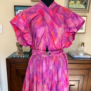 Derek Lam 10 Crosby Multi Watercolor Dress Belted Ruffle Cotton Size 10- NWT